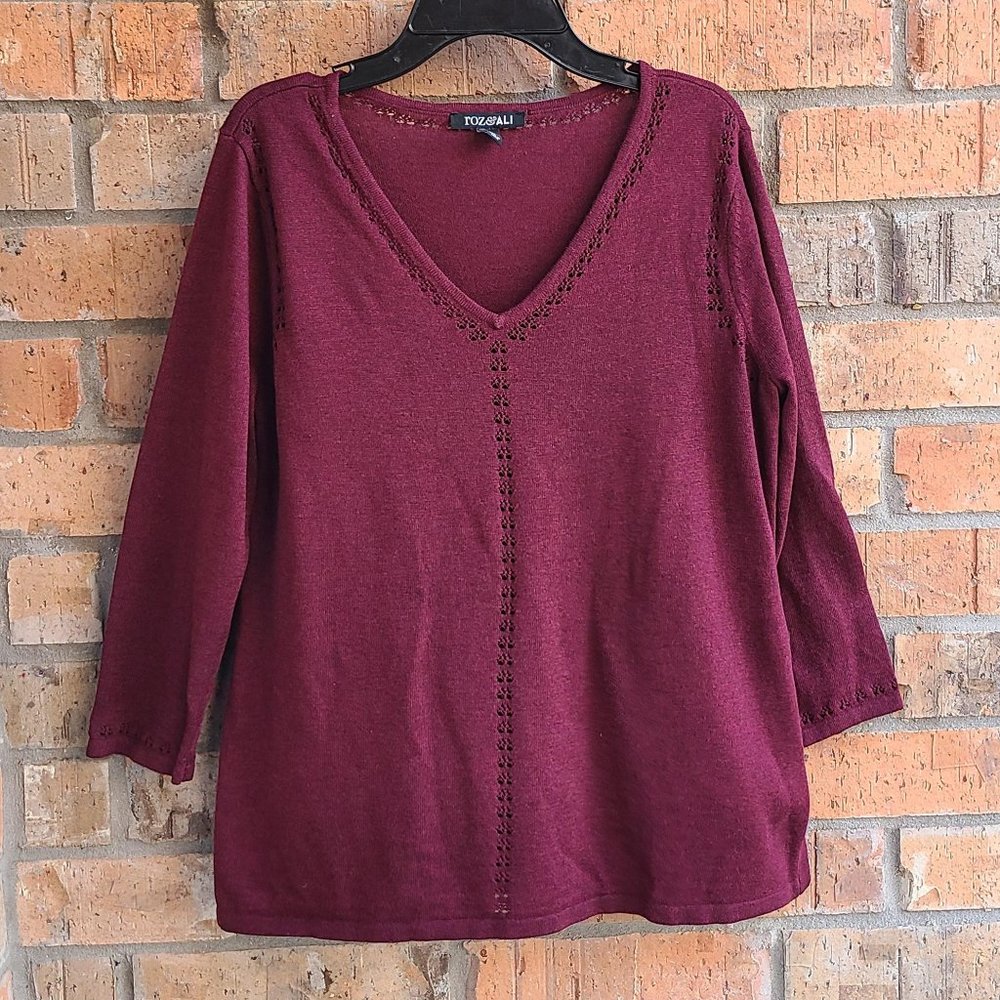 Roz & Ali Womens Knit Sweater Pullover 3/4 Sleeves Wine Size M